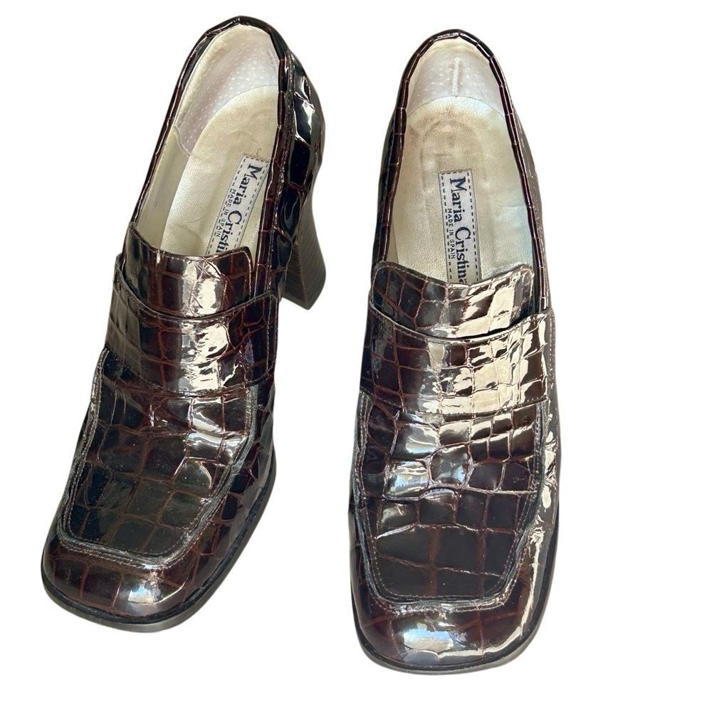VTG Y2K Maria Christina Italy Brown Alligator Heel Square Toe Chunky Loafer 9.5